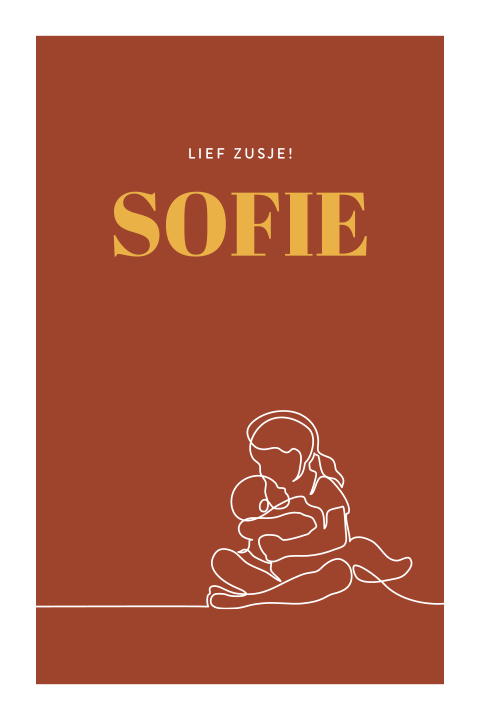 Monoline geboortekaartje 2e kind zusje met baby zittend op de grond